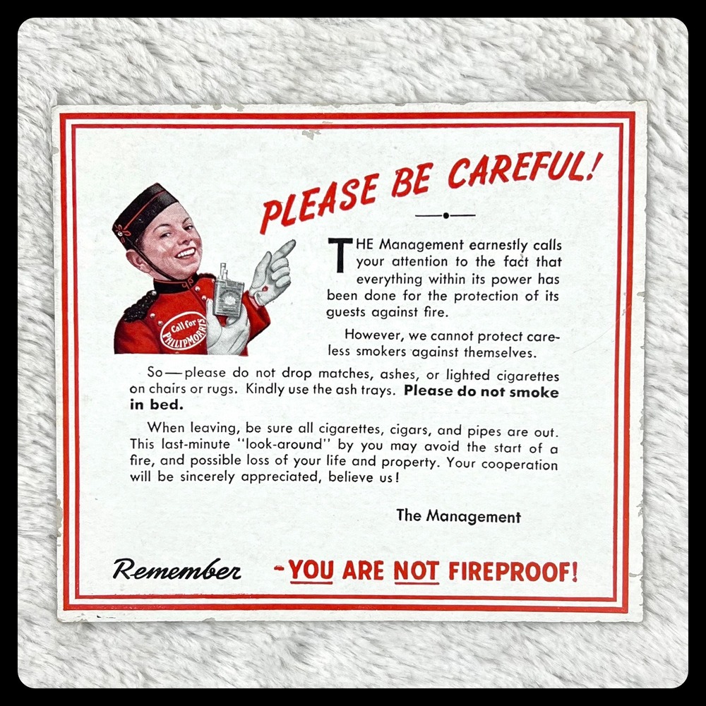 1940s Philip Morris Vintage‎ Advertising 6" Card Hotel Fire Safety Cigarette